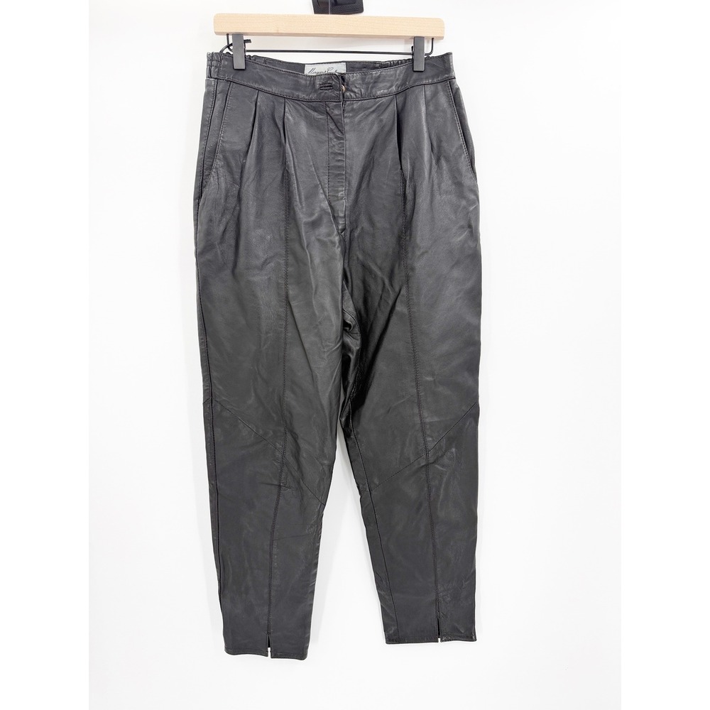 Margaret Godfrey Black Leather Trousers High Waisted Pleated Tapered Pants 12